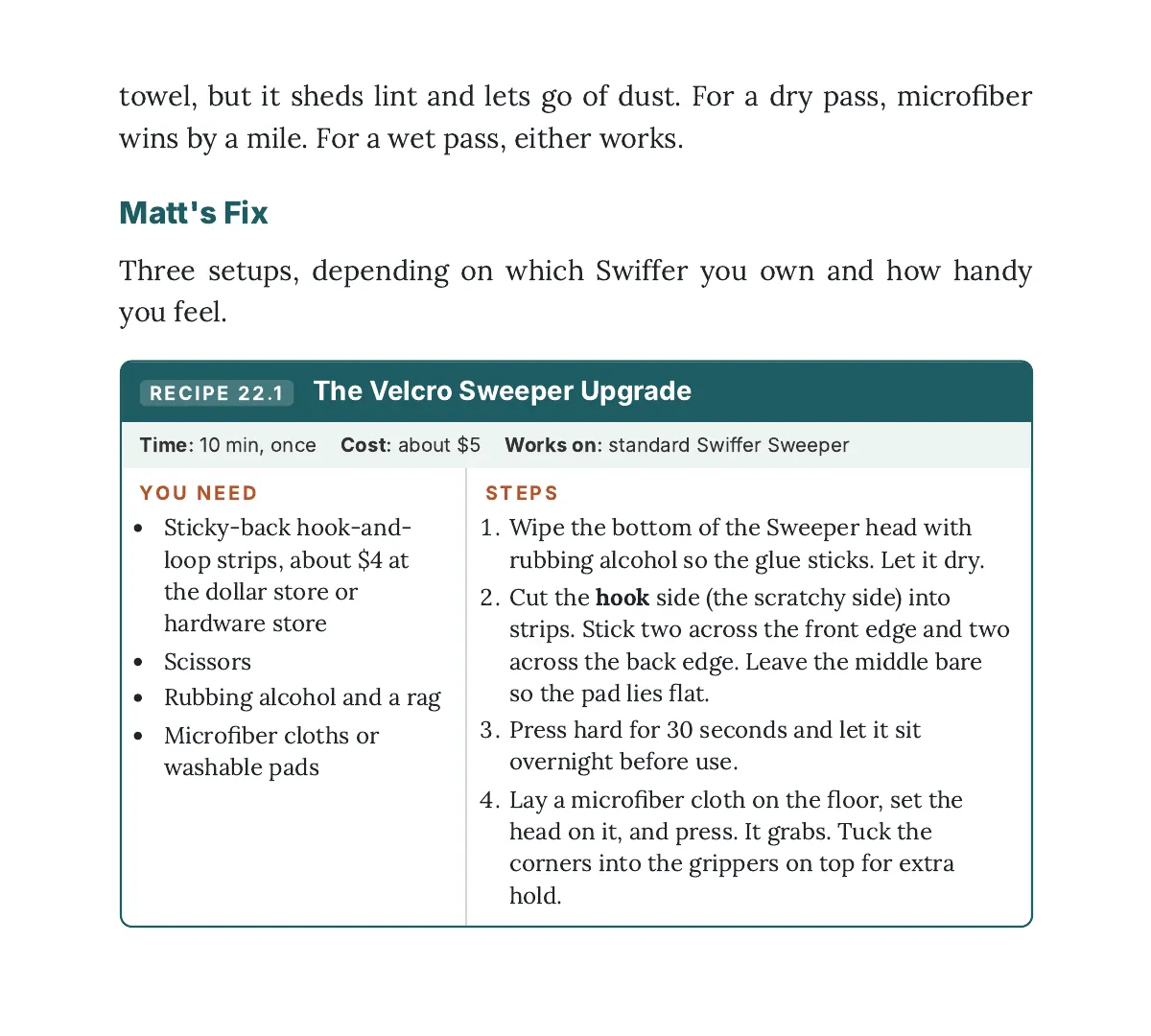 Recipe card 22.1: The Velcro Sweeper Upgrade